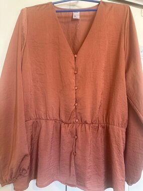 Rust Button-Front Peplum Blouse - Women's